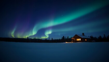 A snowy landscape under a clear night sky illuminated by vibrant green and purple Northern Lights, with a cozy log cabin glowing warmly in the distance