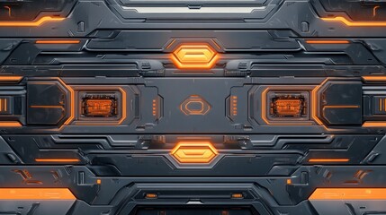 Cyberpunk Tech Panel: Glowing orange accents illuminate a sleek, dark gray futuristic tech panel, creating a visually striking and high-tech aesthetic. Perfect for sci-fi, gaming.