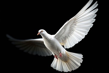 Fototapeta premium A white dove gracefully flying with wings fully extended, set against a dark background. Symbol of peace, purity, and hope. Ai generative