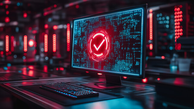 Cybersecurity Success: A glowing checkmark on a computer screen in a server room signifies successful system security.  The vibrant red and blue lighting creates a futuristic atmosphere.  - Powered by Adobe