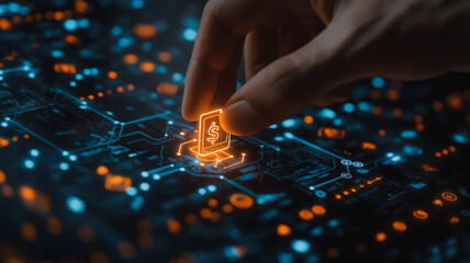 Cryptocurrency Investment: Hand placing a glowing digital coin onto a circuit board, symbolizing the future of finance and blockchain technology.  