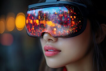 Woman wearing futuristic AR glasses at night.