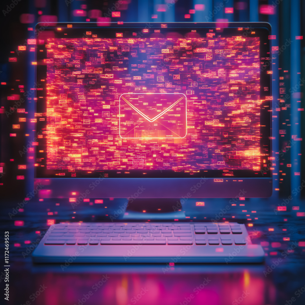 Poster digital deluge: overflowing inbox concept. email overload on computer screen, digital data stream, g