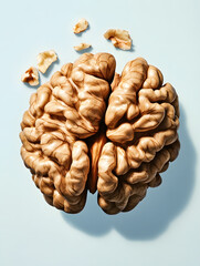 close up of whole shelled walnuts resembling brain, showcasing intricate textures and shapes, with some walnut pieces scattered around