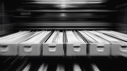 Industrial Efficiency: A close-up view of a mechanical filing system in action, showcasing precision and automation in a monochrome aesthetic. The image captures the streamlined movement of files.