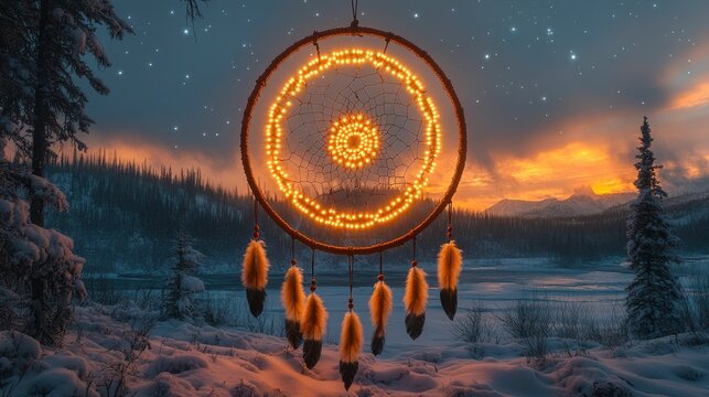 Massive dreamcatcher with northern lights weaving through its web