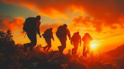 Fototapeta premium Hikers silhouetted against a vibrant sunset on a mountain ridge