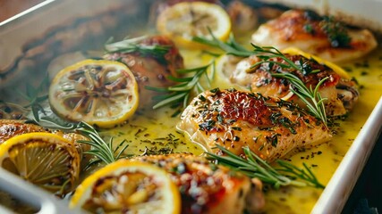 White dish with chicken and lemon slices. The chicken is cooked and has a lot of seasoning