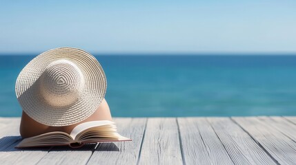 woman reading a book on a wooden deck, sunhat shielding her from the bright sun, ocean horizon in the distance, slight breeze moving the pages, focus on book and sunhat, blurred sea view, warm summer