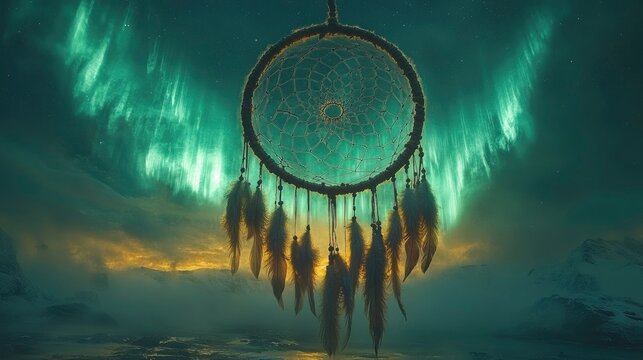 Massive dreamcatcher with northern lights weaving through its web - Powered by Adobe