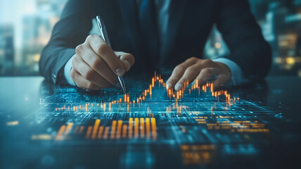 Strategic Planning: A businessman meticulously analyzing intricate data and charting a course for success, showcasing the power of digital technology in modern business. 