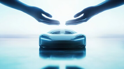 Fototapeta premium Futuristic Car Protection Concept with Hands and AI-Driven Technology – Modern Automotive Safety and Innovation