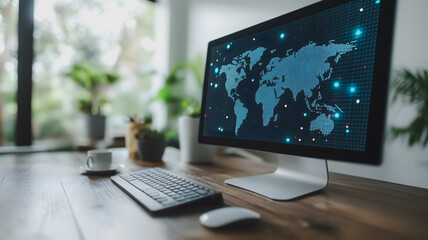 Global Network on Display: A sleek desktop computer showcases a vibrant world map graphic, symbolizing global connectivity and digital innovation.