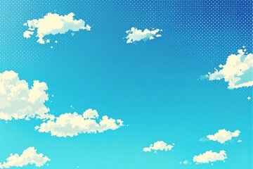 Pixel-style fluffy clouds scattered across a bright blue sky with dotted halftone effects, creating a retro aesthetic. Concept of peace and nostalgia. Ai generative