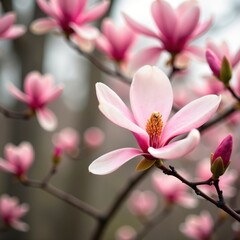 Fototapeta premium Delicate pink flowers on a magnolia tree branches, flower, magnolia tree, spring