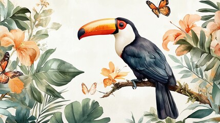 Toucan perched on branch amidst tropical flowers and leaves. Vibrant colors, detailed illustration.