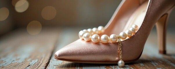Exquisite pearl necklace nestled in a delicate shoe, pearl, prestigious, sophisticated
