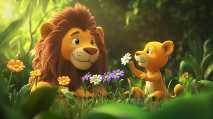 Lion and Cub: A heartwarming 3D animation in a sun-drenched jungle setting