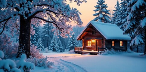 Frosty forest with snow-covered trees and a warm cabin light shining through the windowpane, cabin, tree