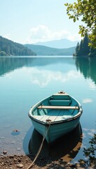 Fototapeta premium Pastel blue vintage wooden boat on lake shore, pastel colors, water, peaceful
