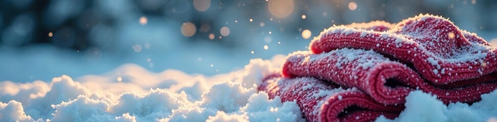 Softly falling snowflakes blanket the winter clothing pile, winter clothes, clothes, cold weather