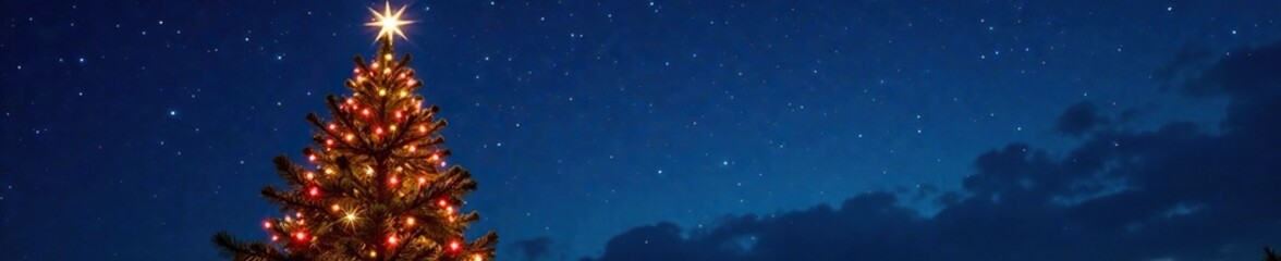 Fototapeta premium Sparkling Christmas tree lights against a dark blue sky, Holiday Cheer, Dark Blue Skies, Starry Night