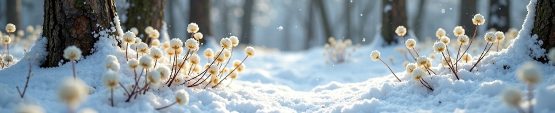Snowy forest floor with white baneberry Actaea Alba berries, snow covered, winter