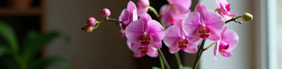 Pink orchid stems with tiny pink buds and leaves in a glass vase, elegant atmosphere, refined decor
