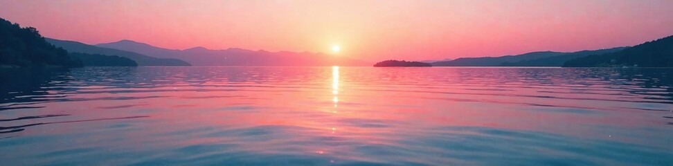 Fototapeta premium Soft pink and orange hues of a sunset merge with gentle waves in a serene lake, gradient, nature, serene landscape