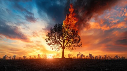 Pollution and Environmental Impact concept. Burning tree under a dramatic sunset sky.