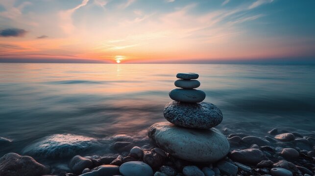 Artistic image of a stack of stones on a rocky beach with a cloudy sky and a sunset over the water