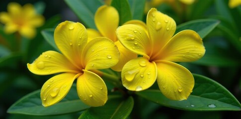 Obraz premium Droplets of water clinging to yellow oleander flower petals, raindrops, yellow flowers