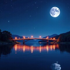 Moonlit bridge spans a tranquil lake under starry skies, stars, water