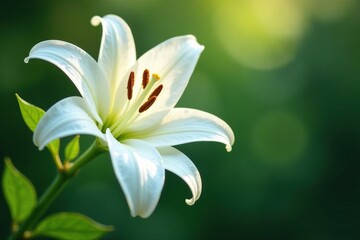 White lily flowers with delicate petals glisten with morning dew, blooms, whiteness