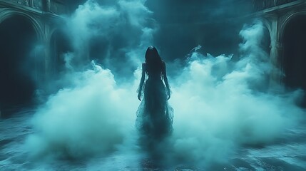 Fototapeta premium Woman in long dress standing in smoky, mysterious ruins.