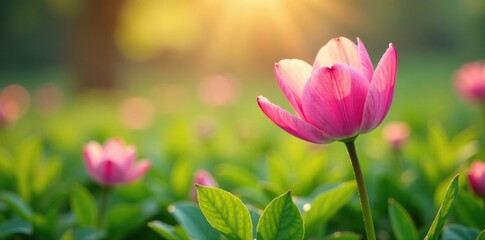 Fototapeta premium Soft pink petals unfolding in the morning dew, green grass, flowers