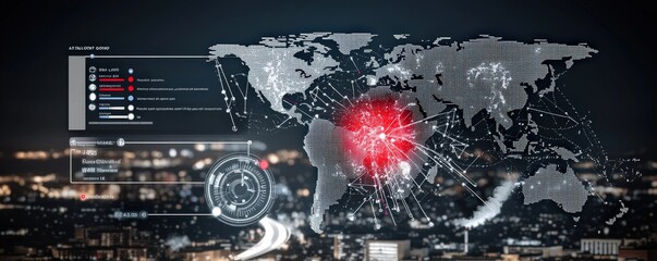 Pollution and Environmental Impact concept. Visual representation of a digital world map with data overlay.