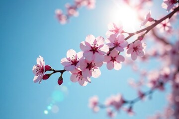 Naklejka premium Soft focus on cherry blossom branch under blue sky, branch, sunbeams