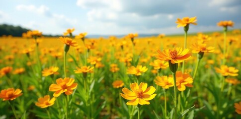 Fototapeta premium Tall stalks of bright yellow and orange marigold flowers in a field, stalk, landscape, field
