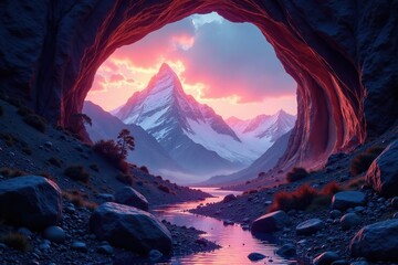 Cave entrance in the heart of a glowing mountain range, mountain, geological formations, sparkling