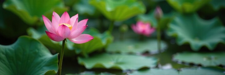 A single pink lotus flower blooming in a serene pond environment, natural scenery, pond life, stillness and quiet