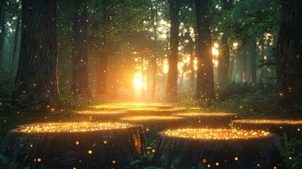Forest clearing with tree stumps showing glowing constellation patterns