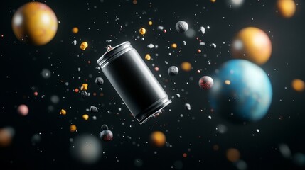Black Battery Floating Surrounded by Celestial Bodies and Colorful Planets in Deep Space with a Dark Background Illustrating Space and Technology Concepts