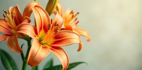 Fototapeta premium Large hippeastrum lily flowers in orange and cream colors, bouquet, blooms