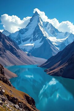 Gurla Mandhata Peak majestically rising above Lake Manasarovar, Glacial Valleys, Himalayan Peaks