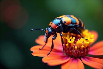 Naklejka premium Titanus giganteus on a flower with colorful background, tropical insects, Titanus giganteus, insects