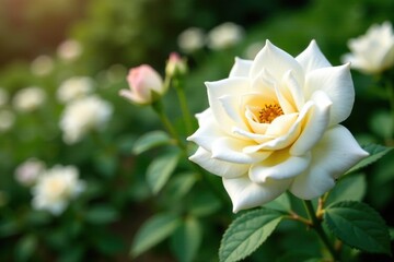 Delicate petals of pure white roses bloom in a lush garden, garden, blossoms, nature