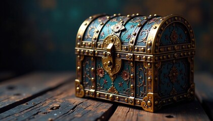 Obraz premium ornate treasure chest with golden hinges and keyhole, mysterious, artifact, treasure chest