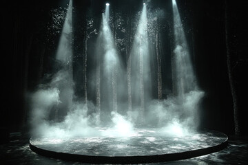 Spotlit misty forest stage with round platform, background trees