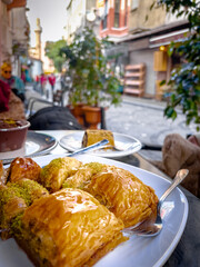 Balat district street view with colorful houses in Istanbul, Turkey.
